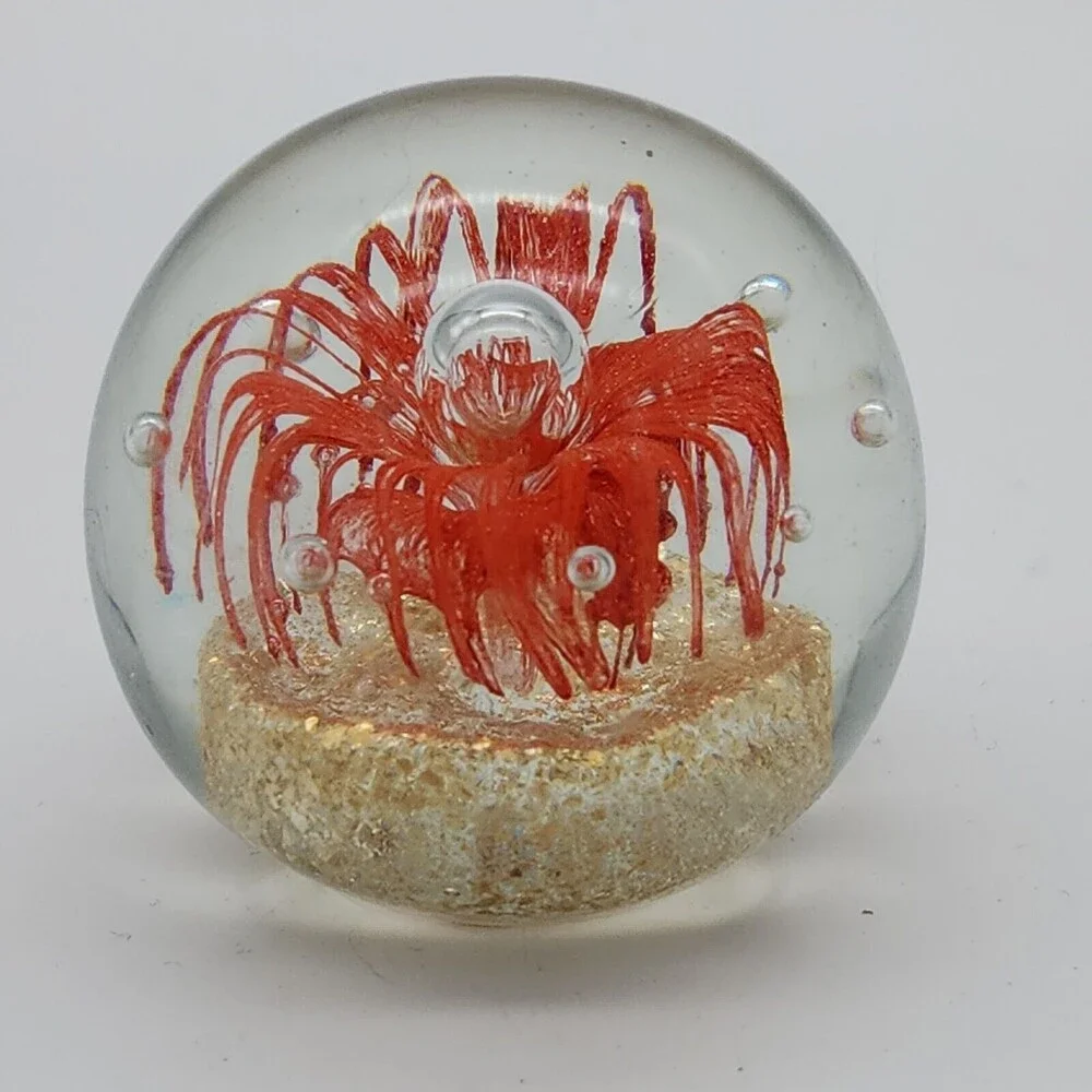 Art Glass Red Flower Sphere Paperweight Aventurine & Controlled Bubbles